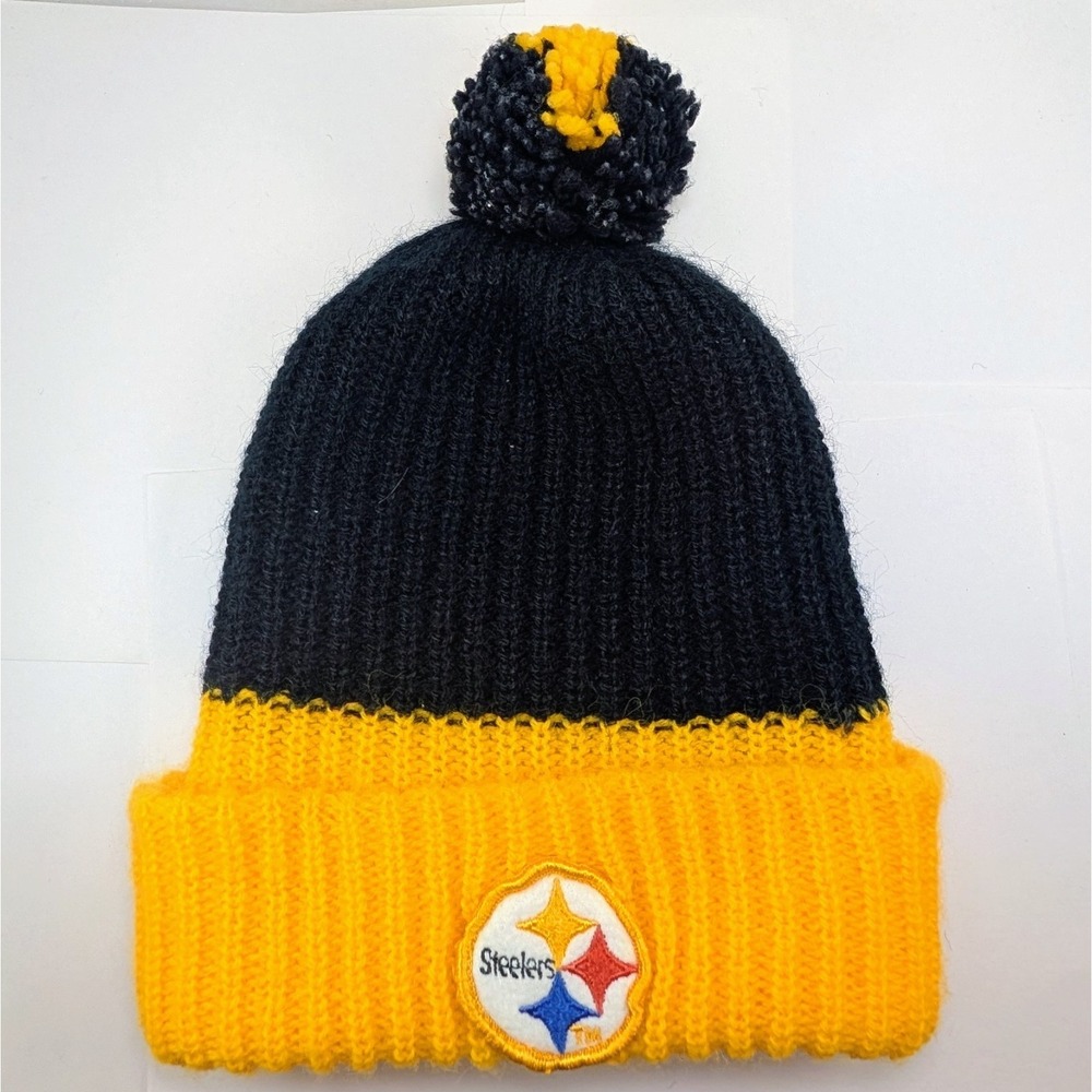 Vintage Pittsburgh Steelers Patch Logo 80s Winter‎ Knit Hat Cap w/ Pom
